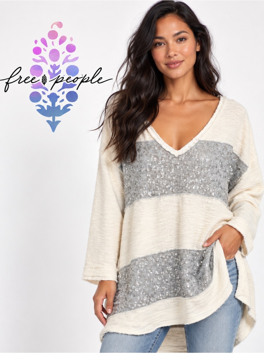 Free People Sequin Stripe Tunic Pullover Top